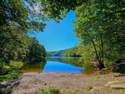 Clear water reflects wooded landscape under a bright sky, summer, Rursee, Obersee, Simmerath, Eifel