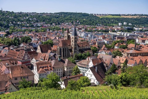 View from the Seilergang, defence wall of Esslingen Castle, down to the old town of Esslingen with