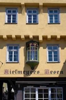 Detailed view of a historic half-timbered house and restaurant Kielmeyer's Besen in the old town of