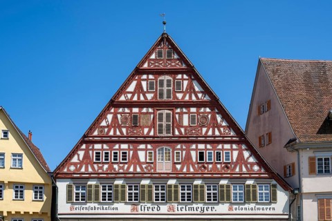 Detailed view of a historic half-timbered house, Kielmeyerhaus in the old town of Esslingen,