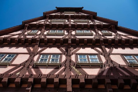 Detailed view of a historic half-timbered house, the back of the old town hall in the old town