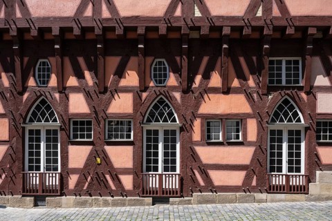 Detailed view of a historic half-timbered house, old town hall in the old town centre of Esslingen,
