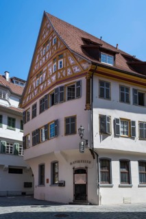 Detailed view of a historic half-timbered house and restaurant, Ratskeller in the old town of