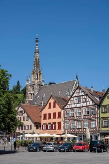 View over the market square of Esslingen am Neckar with historic half-timbered houses and the