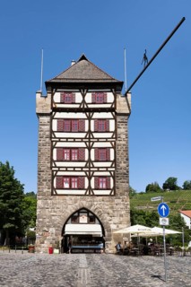The Schelztorturm, historic half-timbered building, city gate in the old town of Esslingen,