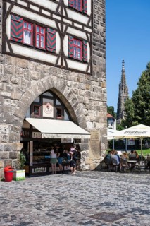 Ice cream parlour and outdoor catering at the Schelztorturm, historic half-timbered building, city