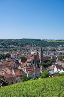 View from the Seilergang, defence wall of Esslingen Castle, down to the old town of Esslingen with