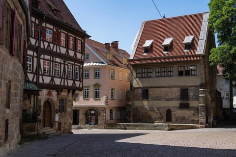 Historic half-timbered houses surround Georg Christian von Kessler Platz, Kessler sparkling wine