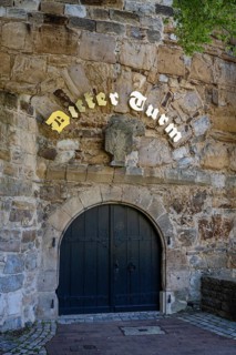 Wooden door, entrance to the thick tower with letters in Kurrent script, Esslingen am Neckar,