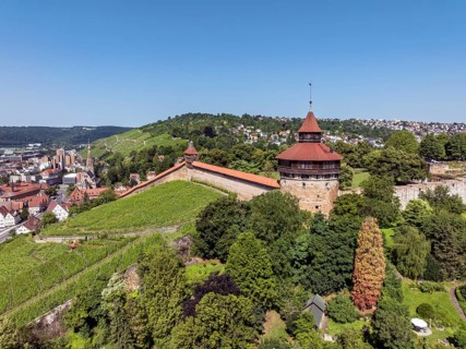 Aerial view of the city of Esslingen am Neckar with Esslingen Castle, Dicker Turm, Seilergang and