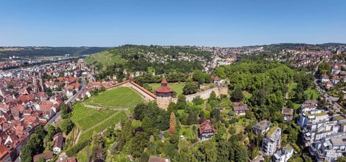 Aerial view, panorama of the city of Esslingen am Neckar with Esslingen Castle, Dicker Turm,