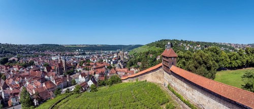 Aerial view, panorama of the old town of Esslingen am Neckar with Esslingen Castle, Dicker Turm,
