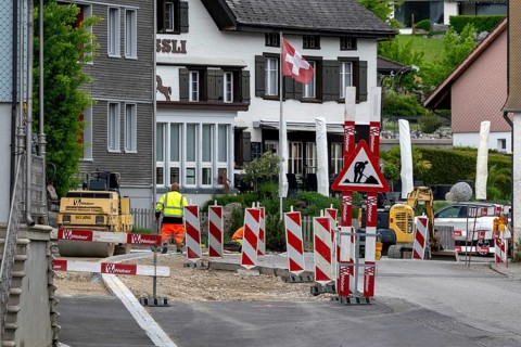 Roadworks road construction signalling, GÃ¤hwil, St. Gallen, Switzerland