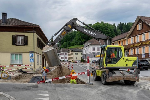 Road construction site mobile excavator, GÃ¤hwil, St. Gallen, Switzerland