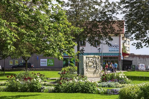View of the local Coop Konsum from the picturesque town park of Lysekil (Lysekils stadsparken),