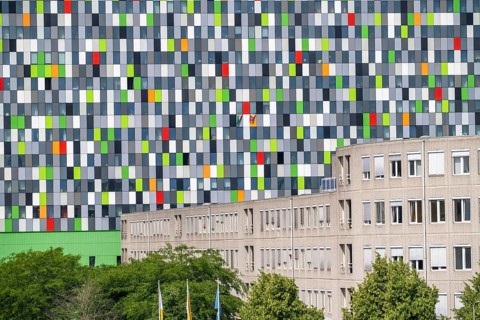 The Casa Confetti student residence, with colourful faÃ§ade, in the Science Park, Utrecht