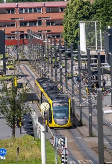 Tram of line 21, from U-OV, on the grounds of Utrecht Science Park, University, Netherlands