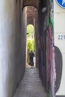 Old town centre of Utrecht, Zwaansteeg Gasse, very narrow alley, side alleyway with residential