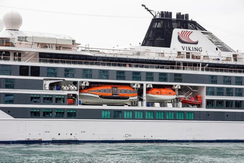 Detroit, Michigan - Orange life boats on the Viking Octantis luxury cruise ship. The ship visited
