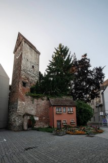 House with garden at the Hexenturm in Memmingen, Bavaria, Germany