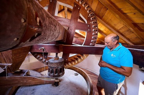 Man looking at the wooden gears of a windmill, Windmill, Antimacheia, Kos, Dodecanese, Greek