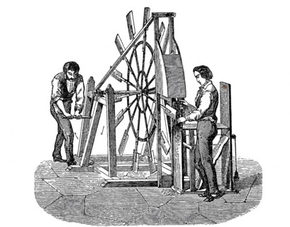 Textile industry, spinning mill, men working on a flax swinging machine, flax swinging machine,
