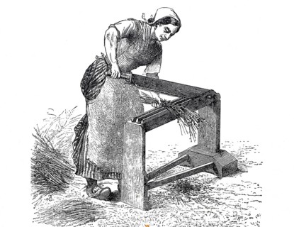 Textile industry, spinning mill, woman working on a ribbon crusher for flax, around 1880, digitally