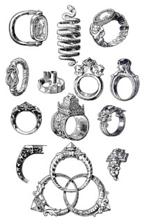 Jewellery, development stages of the ring from the Egyptian signet ring, Greek snake ring to the