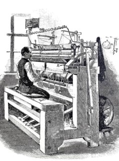Glove-making workshop, worker at a glove-knitting loom, around 1870, digitally enhanced