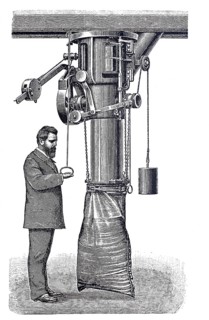 Milling plant, sack packing machine by Boerde and Co, around 1870, digitally improved reproduction