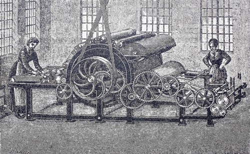 Textile processing, spinning mill, carding machine for the carded wool spinning mill, around 1860,