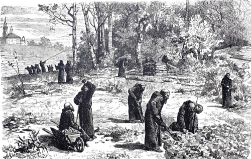 Silviculture, Monks clearing and ploughing up a wooded area, c. 1810, England, digitally enhanced