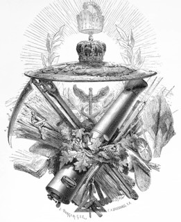 Symbolic picture of the history of Brandenburg and Prussia, royal crown, sign, cannon, scythe,