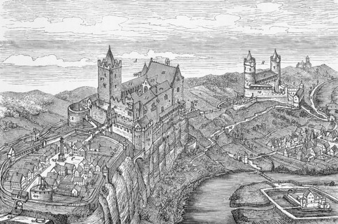 Rudelsburg (left) with outer bailey and curtain walls and Saaleck Castle (both 12th century) on the