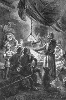 Singers of heroic songs at a meal, Nordic mythology, wall with antlers, shield and spear, eating,