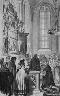 Joachim II (1505-1571) receives communion, in front of altar in church, on his knees, clergyman