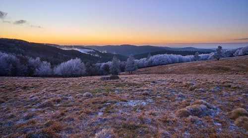 Snowy hills at dusk with soft lighting and peaceful atmosphere, winter, Route de Cretes, Hohneck,