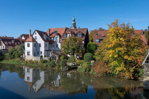 View of Pegnitz with old town houses, back tower of St. John's Church, Lauf an der Pegnitz, Middle