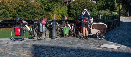 Parked bikes of a family on a bike tour, Lauf an der Pegnitz, Middle Franconia, Bavaria, Germany