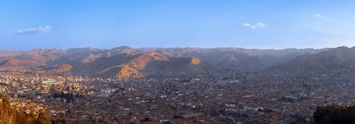 Peru. White Jesus Christ lookout, scenic panoramic view of Cusco from Christo Blanco viewpoint