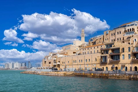 Israel, view of Tel Aviv shore sea shoreline and Namal Yafo historic Old Jaffa port