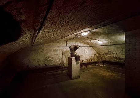 Historic air raid shelter, memorial and memorial with the sculpture Victims by Thomas Duttenhöfer,