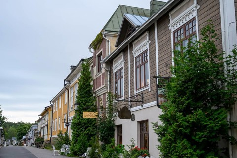 Street scene in the old town of Naantali, quiet street with historic buildings and lots of