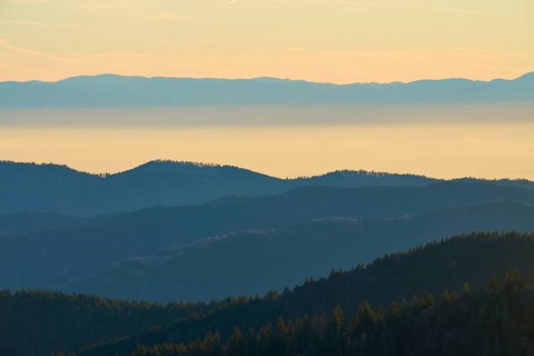 Different altitudes of the mountains in soft morning light, looking towards the Rhine Valley,