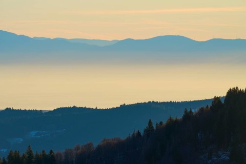 Foggy mountains and calm atmosphere, sunrise, view of the Rhine Valley, Hohneck, La Bresse, Vosges,