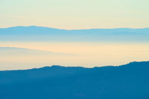 Wide mountain landscape, sunrise with soft shades of blue, view of the Rhine Valley, Hohneck, La