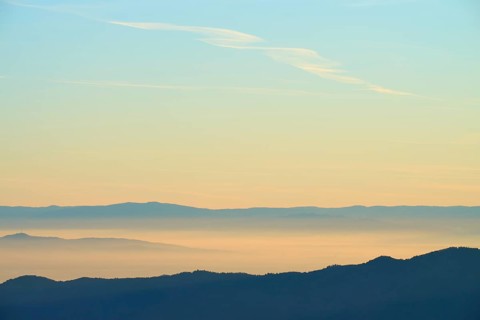 Wide mountain landscape in soft morning light and quiet atmosphere, view of the Rhine Valley,