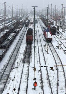 Train formation facility in the Vorhalle district in winter, marshalling yard, freight trains,