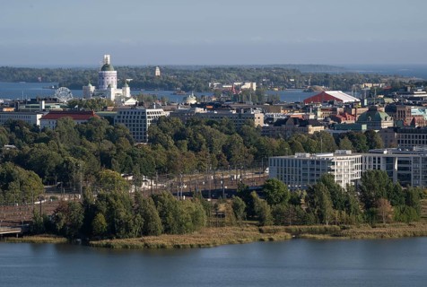 View from the Olympic Stadium tower across Lake Töölönlahti to the city center and port of