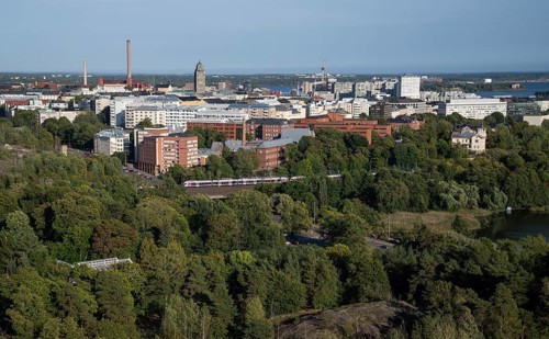View of forest and city center of Helsinki from the Olympic Stadium tower, Finland